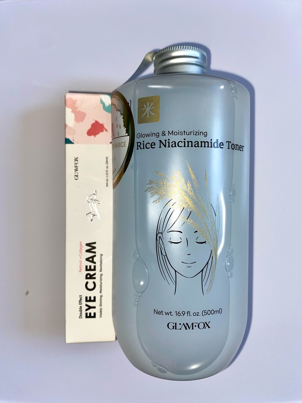Glamfox Rice Glow Niacinamide Toner & Double Effect Retinol + Collagen Eye Cream